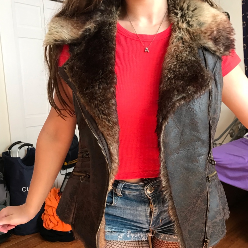 Fur and fake leather vest